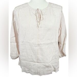 Vince Camuto Quartet Stripe Tie-Neck Linen Blouse Blush Pink White XS